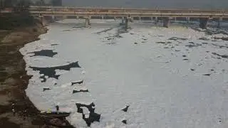 The toxic foam containing high levels of #ammonia and #phosphates in the #YamunaRiver 🌊 in Delhi