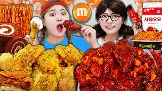Thử th&aacute;ch ăn bằng tay! Ăn m&igrave; cay, Tteokbokki, Kimbap, m&oacute;n tr&aacute;ng miệng v&agrave; g&agrave; r&aacute;n cay MUKBANG HIU