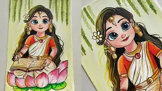  Saraswati Maa Drawing Step by Step | Easy & Cute Painting for Beginners