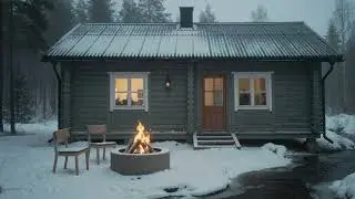 Rustic Winter Cabin Ambience | Crackling Fire, Stream & Forest Sounds | Fireplace & Winter Ambience