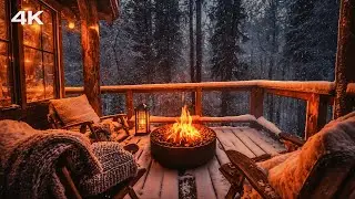 🔥 Cozy Winter Porch Ambience ❄️ Gentle Snowfall & Crackling Fireplace Sounds for Relaxation