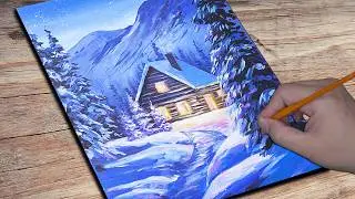 Winter cabin snow painting | Acrylic Painting