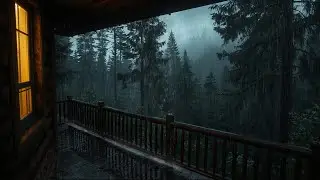 Dark Forest Cabin Rain Ambience for Deep Sleep &mdash; Heavy Rain on Wood Porch at Night
