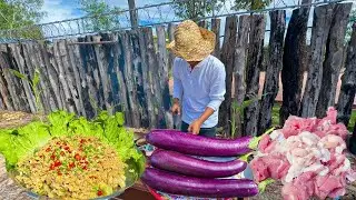 Man Finds the Eggplants from Bamboo Cooking Vessel to Enjoy Delicious, Rustic Outdoor Flav