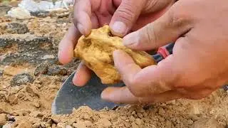 wow very lucky! digging gold treasure worth million dollar under stone at mountain, mining exciting.