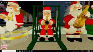 Santa Claus sits on a swing and plays the saxophone