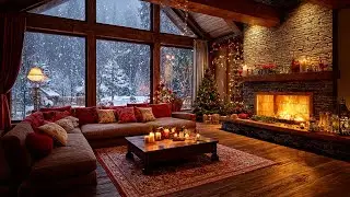 Peaceful Fireplace Night ❄️ Winter Cabin Snowfall & Soft Piano Music