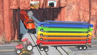 Five Limousine Long Cars Flatbed Trailer Tractor Truck Rescue - Cars vs Trains and Mountain Tunnel