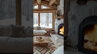 Cozy cabin with snowy views, warm fire, and rustic decor.