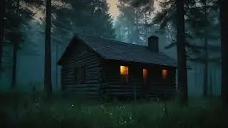 Step into the eerie beauty of a secluded log cabin nestled deep in a misty forest at dusk