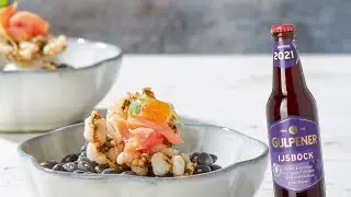 Kroepoek van Gulpener IJsbock en norimet zalm en gel van dashi | Hoe Maak Ik
