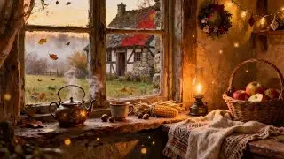 Cozy Autumn Window Ambience – Falling Leaves, Warm Lamp & Tea Steam (1 Hour)