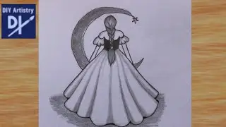 Beautiful Princess Sketch | Girl Standing with Moon Drawing | Easy Pencil Sketch for Beginners