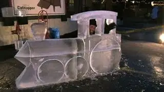 Train Ice Sculpture Carved with a Chainsaw