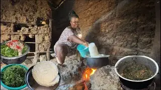 African village life #cooking KALES served with UGALI for dinner 
