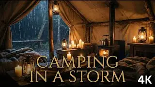 4K | 3H Rainy Night in a Wooden Tent | Fireplace in Nature | Cozy Storm