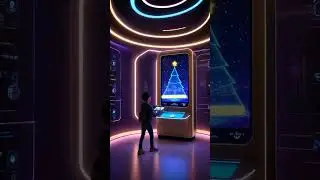 A futuristic Christmas wish terminal located in a glowing, high-tech space.