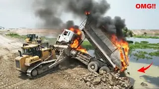 Don’t Ignore Safety New Road Building By SHANTUI Bulldozer and 24Ton Truck Delivery Unloading Stone