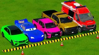 VOLKSWAGEN, MCQUEEN سيارة ماكوين, DACIA POLICE CARS & MERCEDES FIRE TRUCK VEHICLES TRANSPORTING FS22