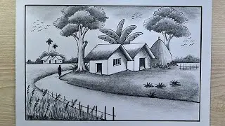 Easy Roadside Village Scenery Drawing Step by Step || Landscape Drawing with road by pencil sketch
