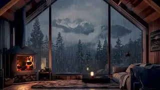 Aesthetic Rainy Cabin Night | Fireplace Crackle & Rain on Glass | Relaxing Ambience in the Woods