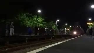 Flying Scotsman locomotive hurtling through Dorking Deepdene (Surrey) - low angle 1 June 2016