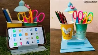  How to make night lamp , pen - pencilholder , mobilestand / paper cup craft @loveartcraft 