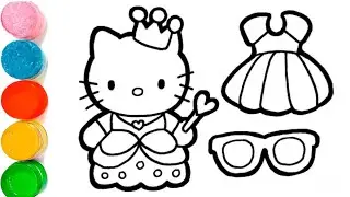 Cute princess Hello kitty with dress and glasses drawing painting and colouring 