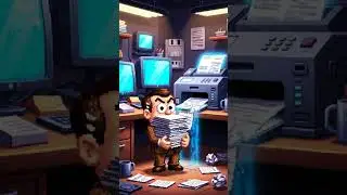 A cluttered pixel office shines with neon blue from computer monitors and soft overhead lights Mr