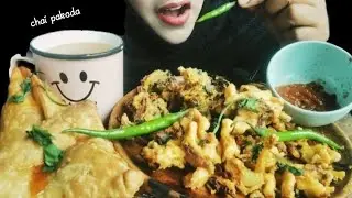 ASMR EATING DIFFERENT TYPES OF PAKODA|ALOO SAMOSA||PALAK PAKODE||PYAAZ K PAKODE WITH HOT TEA☕MUKBANG