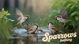Charming Sparrows Bathing in a Tranquil Stream | Peaceful Bird Sounds & Nature Scene