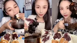 ASMR glutinous purple rice bread dipped in chocolate/milk compilation (mukbang)