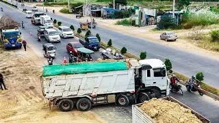 NICELY START Project LANDFILL BY Excellent Skill DriverDOZER Pushing Rocksoil &Dump Trucks Unloading