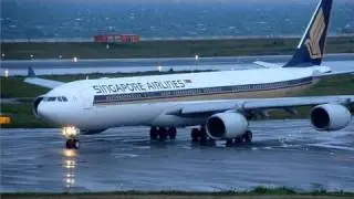 Singapore Airlines Airbus A340-500 (9V-SGD) taxi, takeoff from KIX (Osaka Kansai) after repairwork
