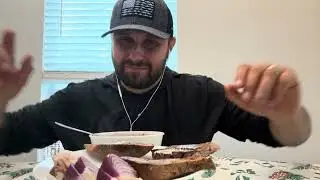 Eating Ukrainian borscht with mayo for dinner
