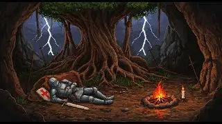 Knight Sleeping Under Moonlit Forest Clearing Cozy Pixel Fantasy Art