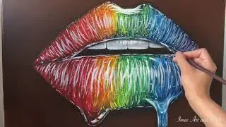 TIME-LAPSE Version | Glossy | Drippy Rainbow Lips Acrylic Painting