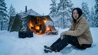 SOLO WINTER CAMPING IN HEAVY SNOW WITH LUXURY GLASS TENT | COOKING HOT POT ASMR | camping  -80°C