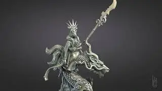 Kitsune on Dragon. 3D sculpture. Print model.