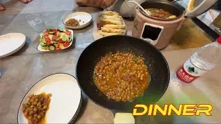 DINNER.   #dinner #mutton #salad #chickpeas #friends #juice  #orange