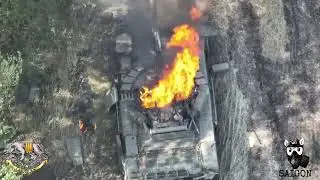 Ukrainian Drone dropping grenades direct hit inside Russian Tank hatch