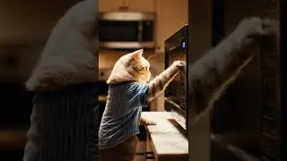 Microwave hums as curious cat nearly presses buttons in cozy kitchen