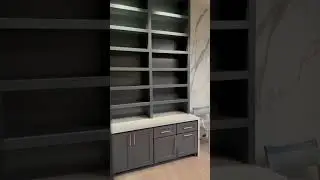 Custom Office Bookshelves | Porcelain Slabs & Waterfall Countertop