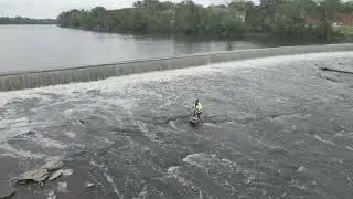 Drone above Fox River along South Elgin Dam and State Street Bridge with Fishing at Panton Mill Park