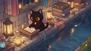 Writing by the Lake at Night with Kitty's Cat ✍️ Night City Lofi 🏮 Relaxing Music to Focus & Study