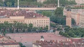 Aerial timelapse of Place Bellecour from Fourviere Hill in Lyon, France, the largest pedestrian