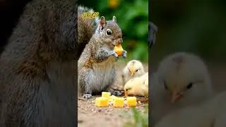 Cute chicks eating cheese with a friendly squirrel🐥🦨.  #cuteanimals #cute #asmr #squirrel #cheese