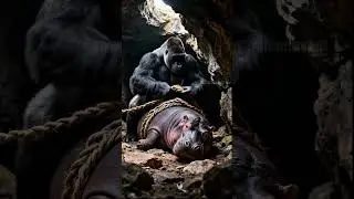 Gorilla Pack Work Together To Save Hippo From Danger! #rescue #suspense #animals #greatapes #hippo