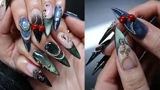 GOTH Nails Stiletto 💚🖤 DOING MY OWN Grunge NAILS