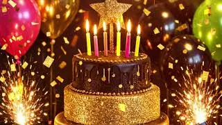 A bold fancy birthday cake in black and gold with neon accents, glowing candles, gold confetti .